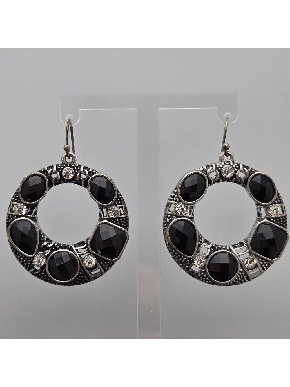 ✨2/$10✨ Vintage-Inspired Silver-Tone Hoop Drop Earrings w/ Black & Clear Stones